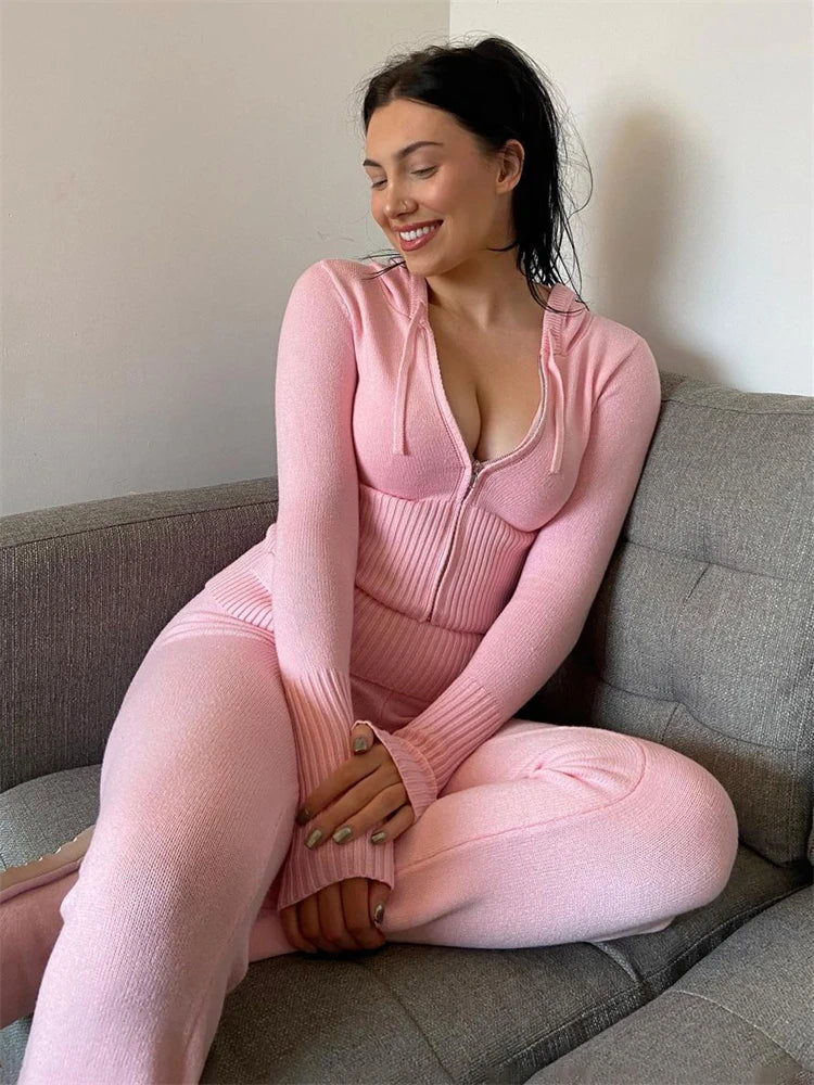 Women Spring Outfits Casual Zipper Sweater Hoodie Set High Waist Flare Pants Suits Pink Knitted - Two Piece Set