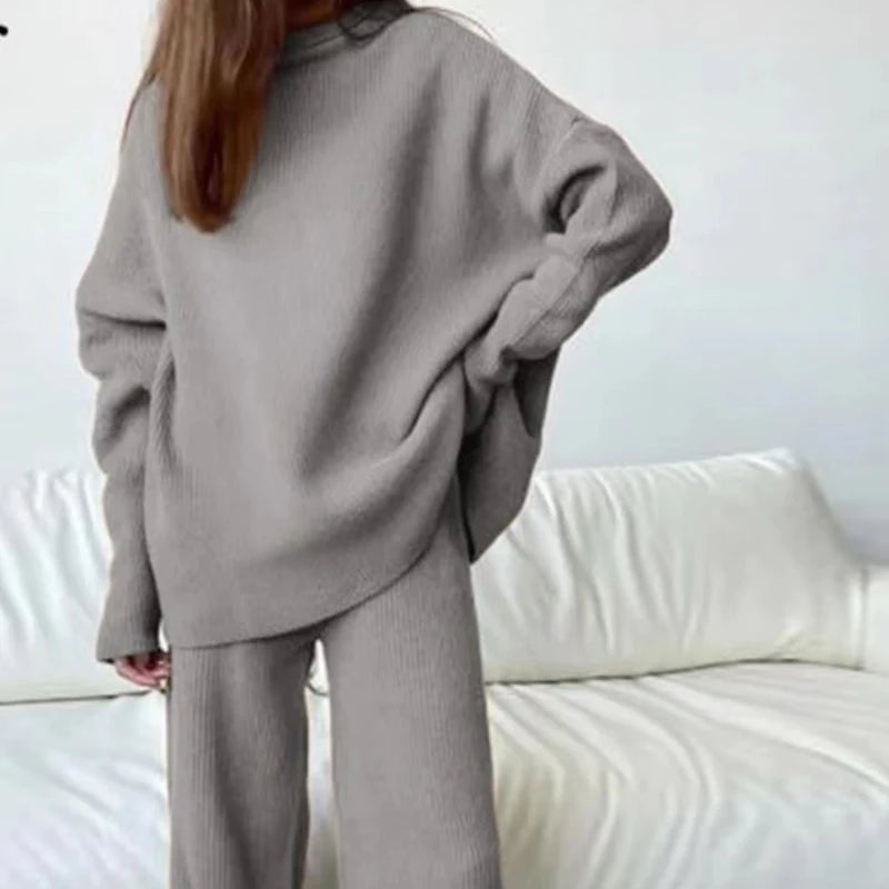 Women Knitted Suit Soft Turtleneck Long Sleeve Sweater Wide Leg Pants Commuter 2 Pieces Sets