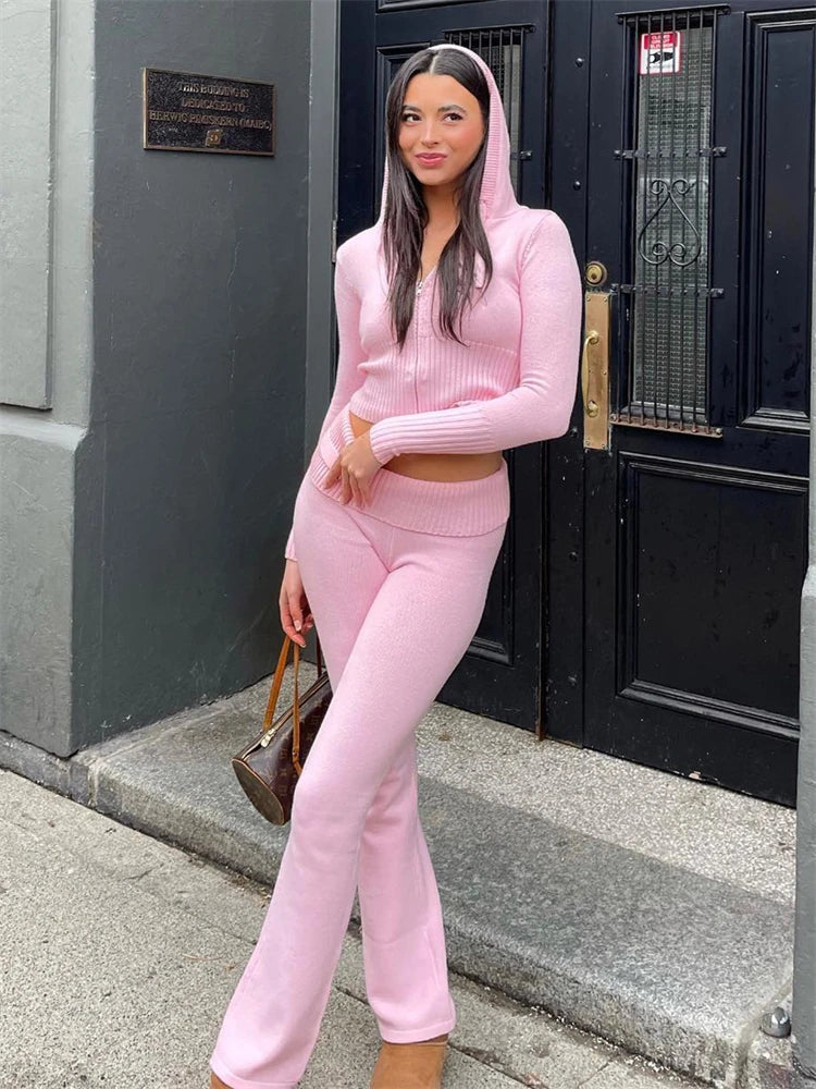 Women Spring Outfits Casual Zipper Sweater Hoodie Set High Waist Flare Pants Suits Pink Knitted - Two Piece Set